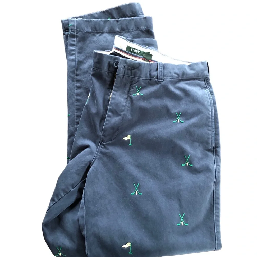 Vintage J. Crew Flat Front Broken In Chino. Navy w/ Golf Theme. Size 34W x 34L